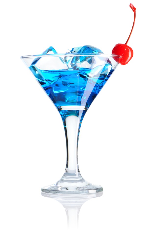 Blue cocktail with red cherry